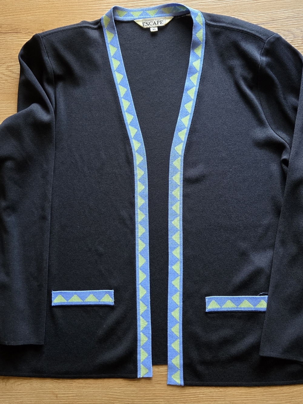 Vintage 90's Escape by Howard Wolf Black Cardigan with Blue /Lime Geometric Trim